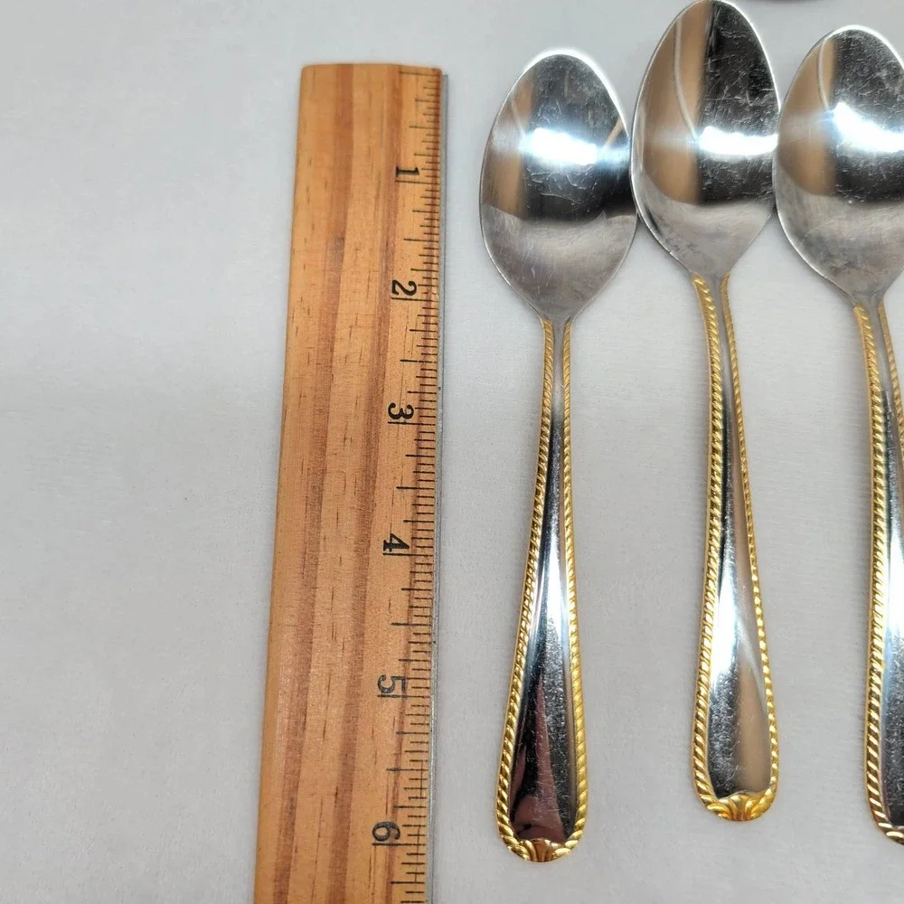 International Stainless China Teaspoons 8 Piece Set Rope Edge Gold Trim 6.25in